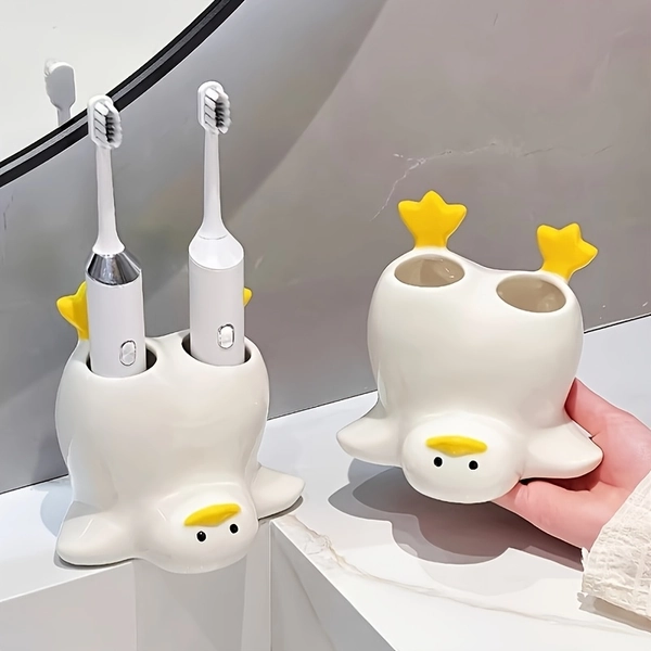 Penguin-Shaped Toothbrush Holder, Made of Ceramic, Double-Slot Electric Toothbrush Holder, Fun Bathroom Sink Accessory