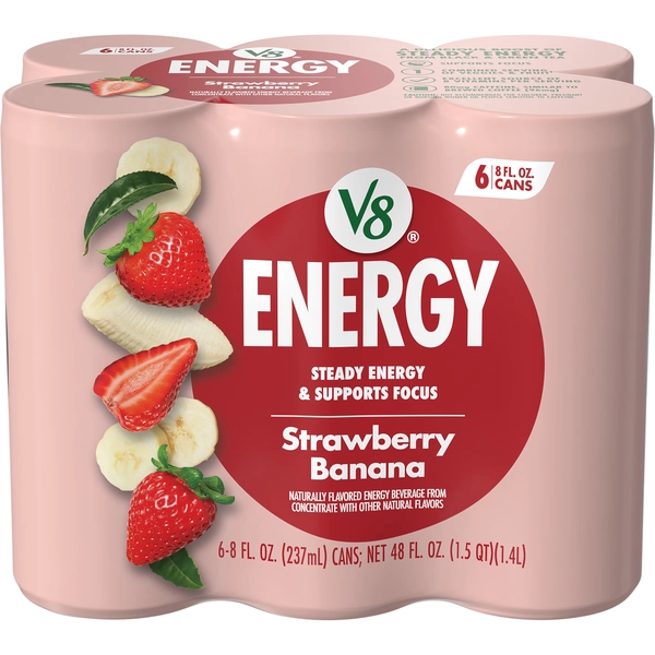 V8 Energy Strawberry Banana Juice Energy Drink, 8 fl oz Can (6 Pack) - Walmart.com