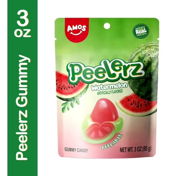 Amos Peelerz, Gummy Candy, Watermelon Flavor, Peelable Gummy, 3 oz Bag