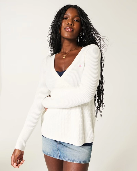 Wrap Front Long-Sleeve Babydoll Sweater