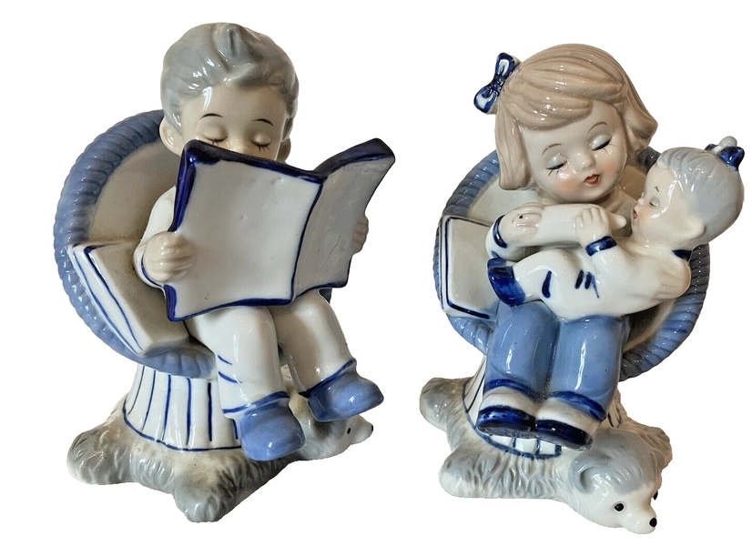 Set Boy Read Newspaper Girl Feed Baby Porcelain Figurines 1980s Bear Rug