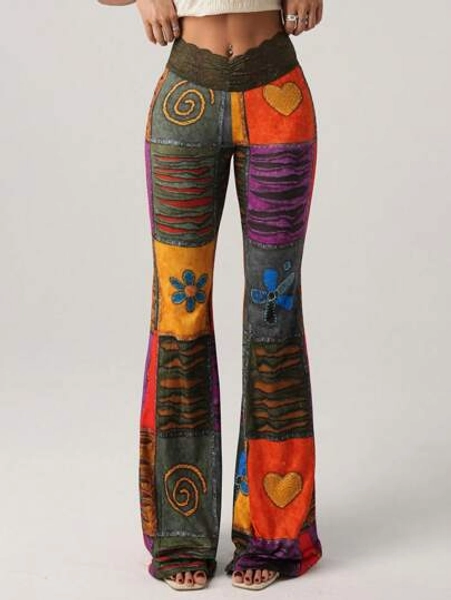 SHEIN x Ludmilla SHEIN ICON Women's Fashionable Retro Contrast Color Block Print Flare Pants