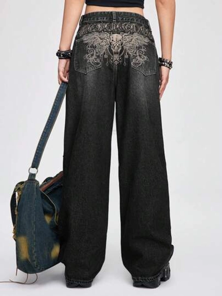 ROMWE Grunge Punk Wing Skull Embroidery Decoration Women Loose Wide Leg Boy Friend Jeans