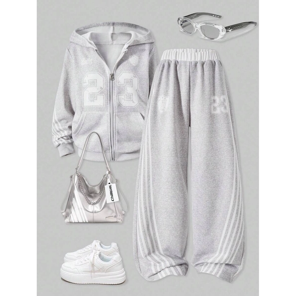 A Set for Girls Consisting of a Long-Sleeve Hooded Jacket Featuring Printed And Striped Sleeves, Along with Relaxed Straight-Leg Pants, Ideal for Casual Outings And Sports Activities, for Outdoor