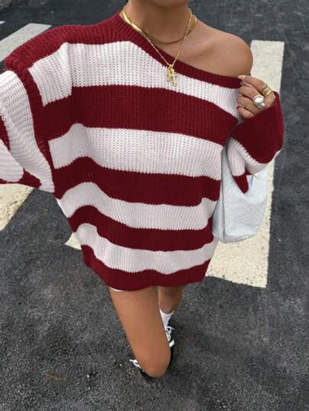 Muchica Women's Loose Drop Shoulder Burgundy Striped Casual Sweater, Autumn/Winter