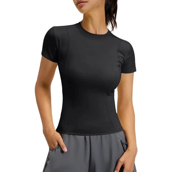 Women's Workout Tops Short Sleeve Compression Shirt Athletic Gym T Shirt Yoga Running Fitted Crew Neck Basic Tee Black - Walmart.com