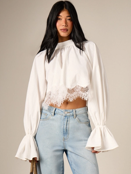 AiiRZ Women's White Long Sleeve Blouse With Bell Sleeves And Crochet Lace Trim High Neck Cropped Top Fall Winter Fashion