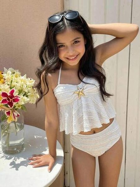 SHEIN Tween Girl Textured Knit Apricot Halter Tankini Swimsuit Set