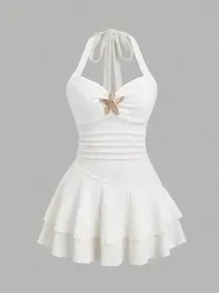 Elegant Women's Halter Neck Mini Dress, Textured Fabric, Ruched Chest, Metal Decorations, Summer Beach Vacation