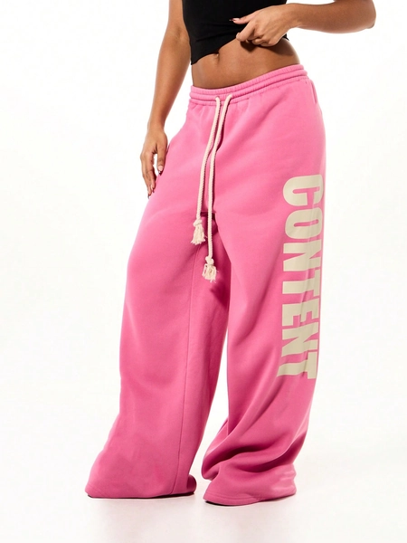 SUMWON WOMEN Oversized Wide Leg Drawstring Sweatpants With Contrast Logo Print For Casual Comfort