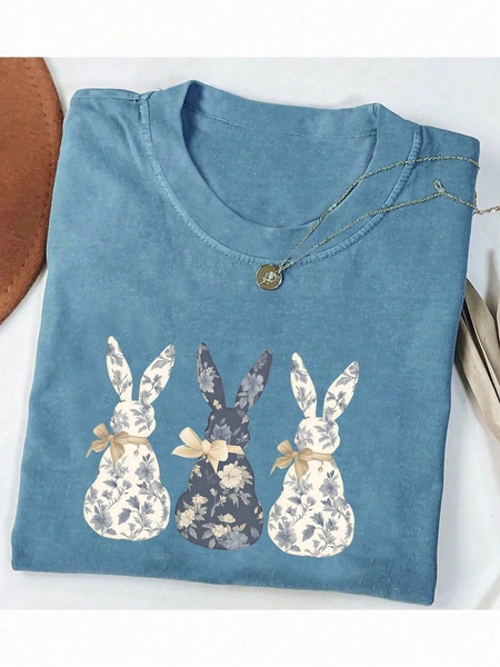 Floral Blue Bunny T-Shirt, Cute Easter Bow Blouse, Fashionable Bunny Hoodie For Women, Easter Matching Gift, Easter Bunny Women T-Shirt