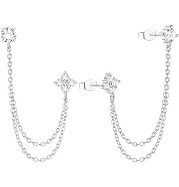 Orazio Double Piercing Chain Stud Earrings for Women Girls, S925 Sterling Silver Tassel Chain Dangle Drop Earring Studs with Sparkling CZ 18K Gold
