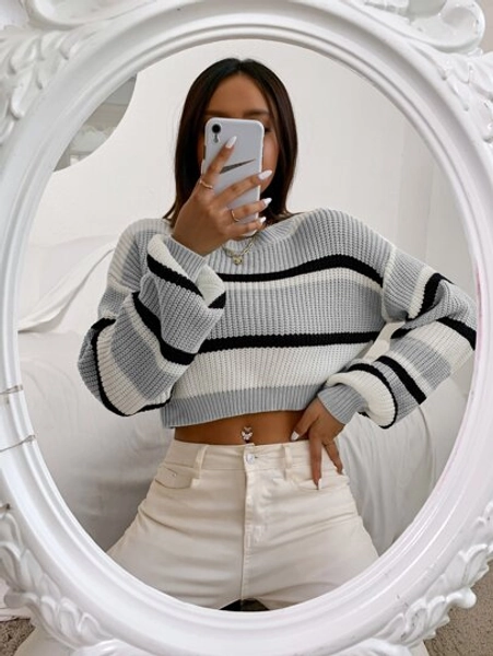 RueChic Color Block Drop Shoulder Sweater,Long Sleeve Tops Knit Pullover Fall Winter Outfit