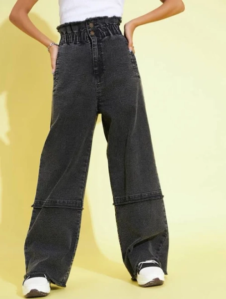 Buy Girls Black Acid Wash Paper Bag Waist Straight Jeans Online @ NOZ2TOZ 8-9 YRS / Black