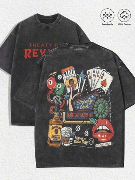 1 PCS Entertainment "Treaty Oak Revival" Graphic Tee: Featuring Distressed Vintage Finish, Front Bold "TREATY O REV" Letter Print, Back Artistic Collage Of Retro Entertainment Elements (Playing Cards, Billiards, Jim Beam Bourbon Bottle, Microphone, "Have A Nice Day" Accent), Crafted From Breathable 100% Cotton, Perfect For Infusing Nostalgic, Fun Vibes Into Outfits During Casual Gatherings, Music Events, Or Daily Wear, Men's Round Neck Printed Short Sleeve Casual Everyday T-Shirt, They Are Excellent Gifts For Friends And Family, 100% Cotton T-Shirts Feature, A Youthful And Fashionable Design, Graphic Tees Men, Graphic Tees Women, Cachorro Feliz, Back To SchoolWomen's Printed Sweatshirt
