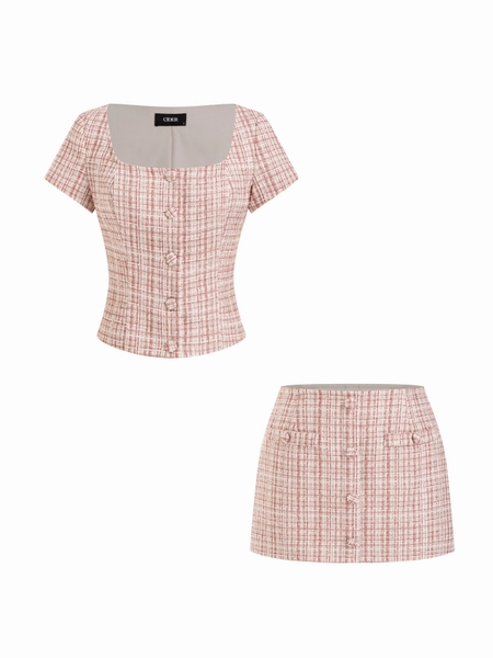 Ensemble assortis : Haut en tweed à col carré et à carreaux + Jupe mini à taille moyenne
