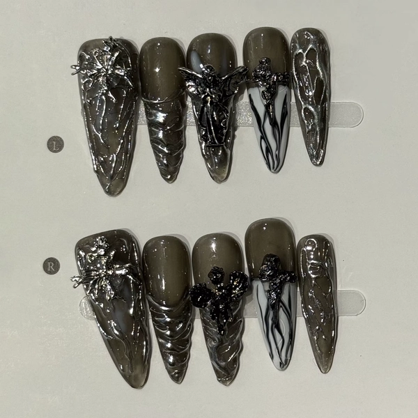 10Pcs Retro Sweet Cool Press on Nails Black Rose Cat Eye Fake Nails Luxury Pearl Diamond Butterfly False Nail Long Stiletto Nail - AliExpress 