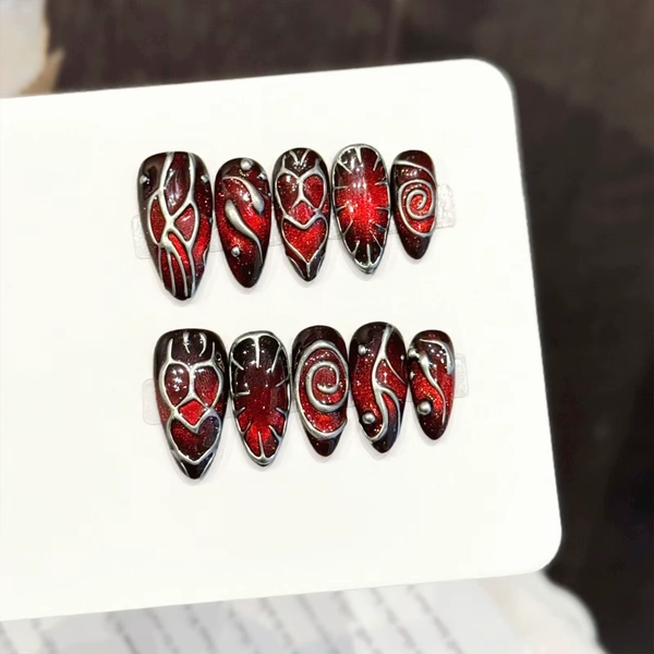 10pcs Handmade Press on Nails Retro Red Brown Cat's Eye Fake Nail Tips Wearable Y2K Long Almond Flash Cool 3D False Nails Decor
