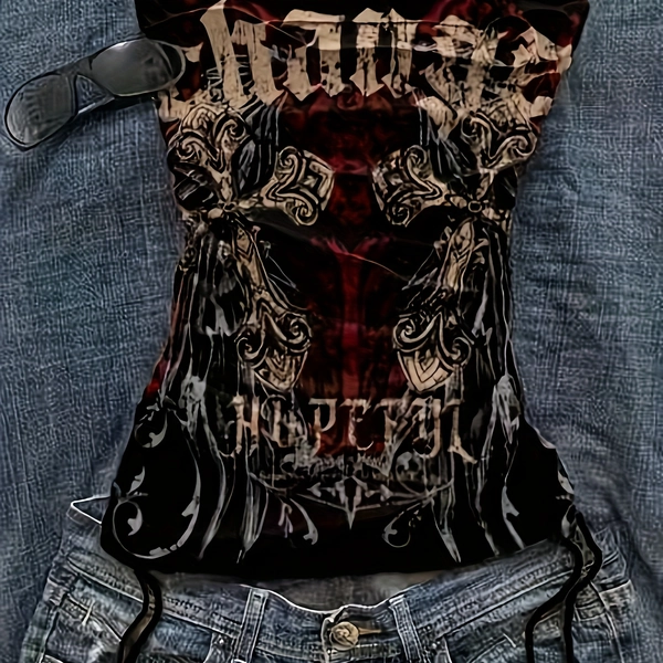 Y2K Gothic Bralette Top, Dark Printed Punk Crop Top, Drawstring Waist, Hot Sexy