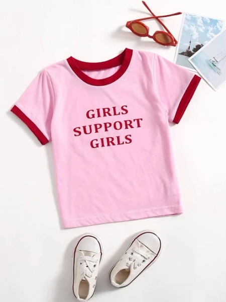 SHEIN Girls Slogan Graphic Ringer Tee