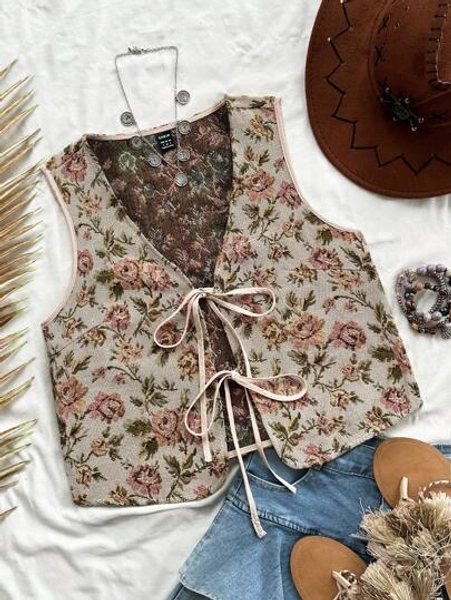 Soleia Women's Holiday Tie-Front Textured Floral Print Blouse, Fashionable For Fall And Winter Layering