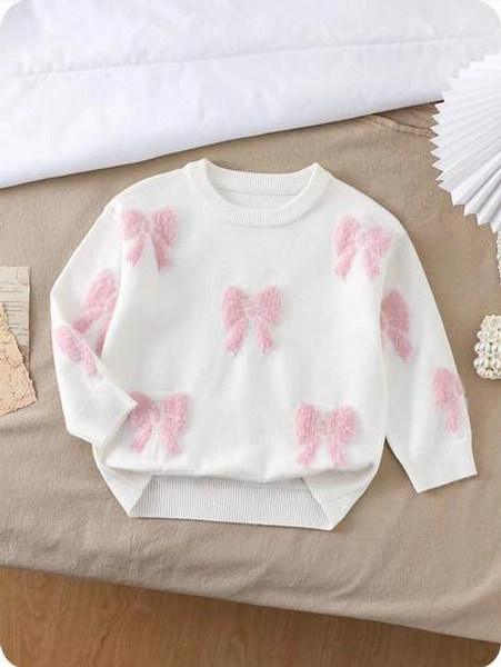 SHEIN Vintaside Kids Young Girls' Thick Pink Bow Crew Neck White Sweater Pullover, Casual & Cute For Layering, Or Parties In Autumn/Winter Fall Christmas Halloween