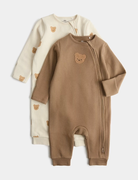 3-6 Months - 2 Pack Cotton Blend Bear Sleepsuits