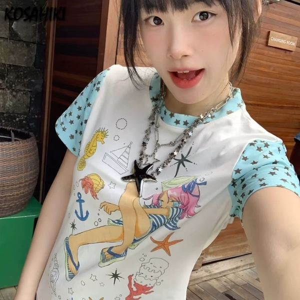 Y2k Aesthetic Cartoon Printing Casual Tshirts Harajuku Casual Slim Fit ​Tops 2026 Summer Women Star Patchwork Grunge T-shirt - AliExpress 200000345