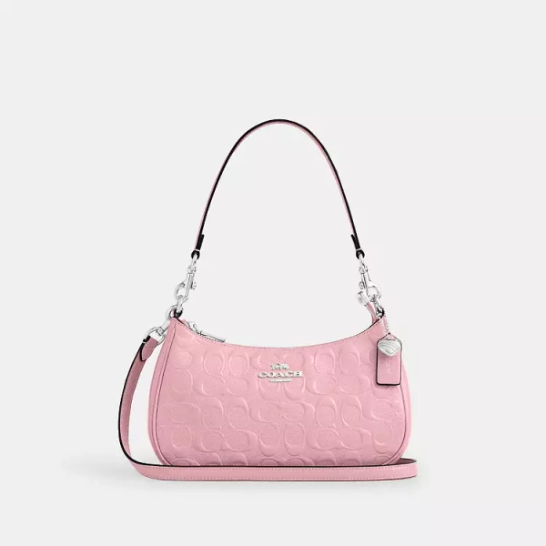 Silver/Pink Teri Shoulder Bag In Signature Leather With Heart Charm