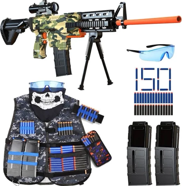 Vioofun Toy Gun For Nerf Guns Bullets Automatic Sniper Rifle -3 Modes Toy Foam Blasters With Tactical Vest, Bipod, 2 Clips And 150 Darts, Electric