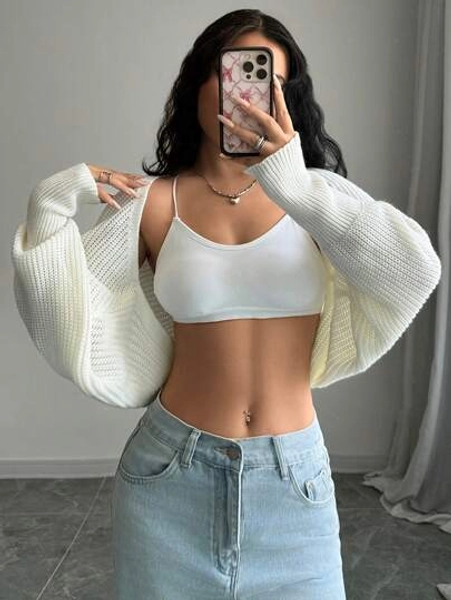 Lunelith SHEIN Lunessa Plain Long Sleeve Minimalist Cropped Cardigan, Casual Everyday Wear,Long Sleeve Tops Fall Winter Cloth For Women