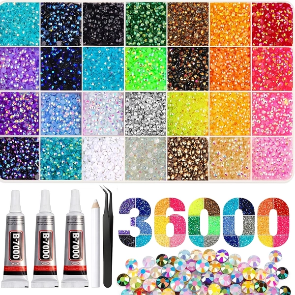 38000pcs Resin Rhinestones 3mm Jelly AB 28Colors for Bedazzling Glitter Kit DIY, Multicolor with 3pcs B7000 Jewelry Glue for Bedazzled Nail Art Supplies Decoration