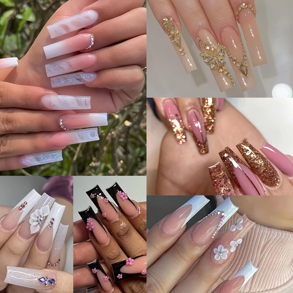 144pcs Long Square Water Pipe Nail Art Ballet Nail Spring Glitter 3D Flower Glitter Diamond Butterfly Full Cover False Nail Stickers Set for women & girls