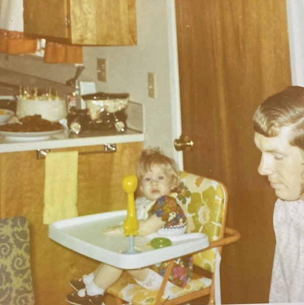 1972 Little Girl in High Chair Toys Kitchen Cake Food Man w/ Mutton Chops Photo
