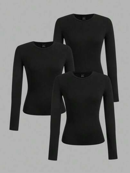 SHEIN EZwear 3pcs Women's Black Crew Neck Casual Slim Fit Long Sleeve T-Shirt Set, Suitable For Spring & Autumn Black Tops Autumn And Winter,Fall Clothes For Women