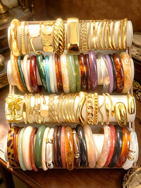 20/15/10/5/3pcs Multi-Piece Stackable Fashionable Minimalist Elegant Delicate Retro Design Geometric Ribbon, Colorful Resin Tie Dye Flower Twist Bead Chain Round Disc Heart Star Face Embossed Asymmetric Cuban Link Braided Woven Mixed CCB Leopard Colorful Metal Exaggerated Wide Chunky Bracelet Set, Suitable For Holiday, Party, Date, Gift, Daily Wear