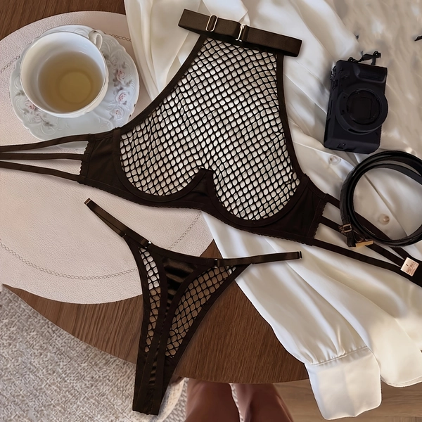 Elegant Black Sheer Fishnet Halter Lingerie Set Sexy Mesh Underwear Two-Piece