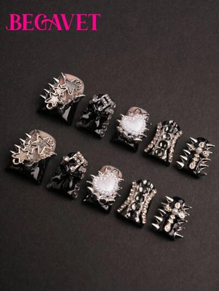 Y2K Begavet New 10Pcs Duck Nails Handmade Salon Quality Press On Nails Black Punk Nails Exclusive Design 3D Nails With 3D Charms, Suitable For Valentine, New Year Parties/Music Festival And Daily Wear Nail Supplies Nails