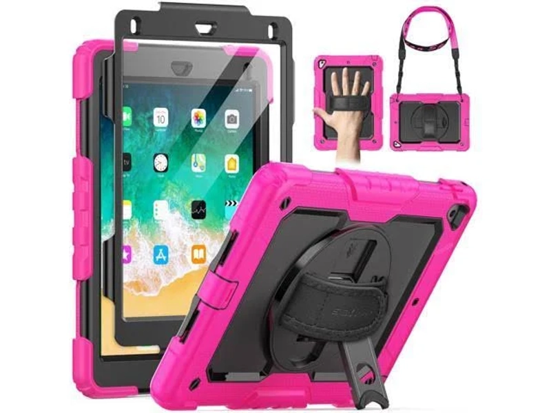 SEYMAC Case for iPad 6th/5th Generation Case 9.7" for Kids, Full-Body Shockproof Heavy Duty Protective Case with Screen Protector, Rotating Stand/Hand