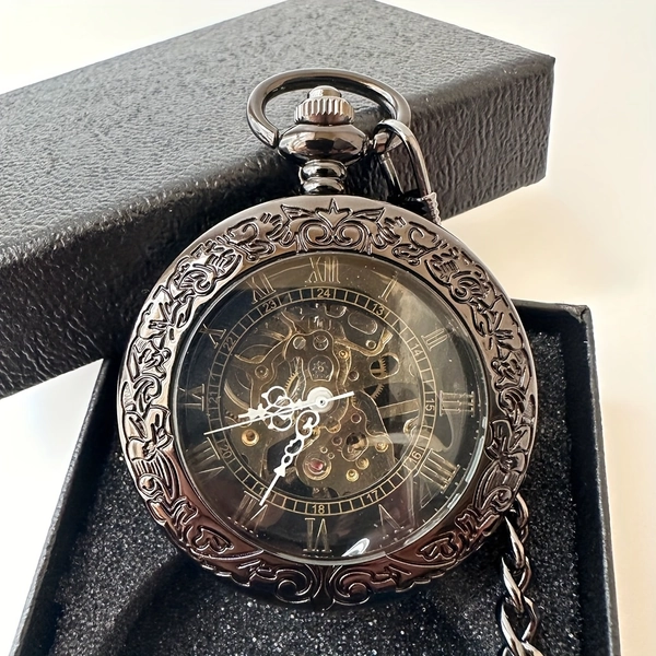 Mirror Black Vintage Manual Mechanical Pocket Watch for Men