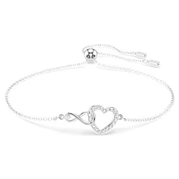 Hyperbola bracelet, Infinity and heart, White, Rhodium plated