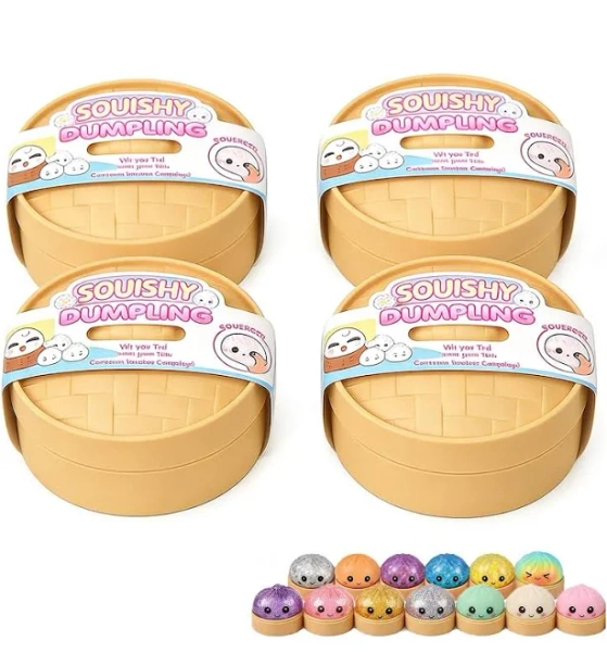 2026 New 4 PCS Dumpling Squishy, Colorful Mystery Dumpling Stress Balls, Dumpling Toy with Steamer Box, Soft Squeeze Toys for Classroom Prizes & Party