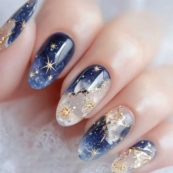 24pcs Smudging Blue False Nails Gentle Almond Gold Star Patterns Press On Nails Romantic Wearable Fake Nail Spicy Girl Manicure - AliExpress 