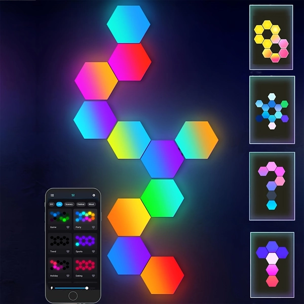 [Smart Hexagon LED Light Panels] 10 Pack Smart Hexagon LED Light Panels - RGBIC Color-Changing Wall Lights with App & Remote Control, Music Sync, DIY Projector-Compatible System for Gaming Room, Bedroom, Living Room Decor (Individually Addressable RGBIC LEDs)