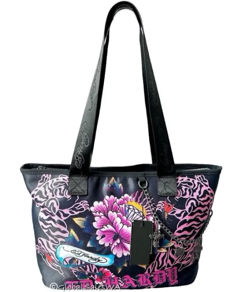 Ed Hardy Tiger Diamond Flowers Zip Tote Bag