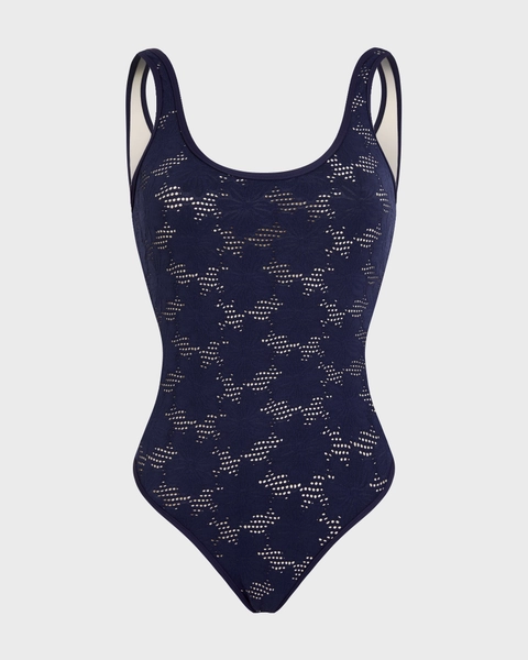 Maillot de bain une pièce dos échancré femme Jacquard Fleur Broderie Anglaise Bleu