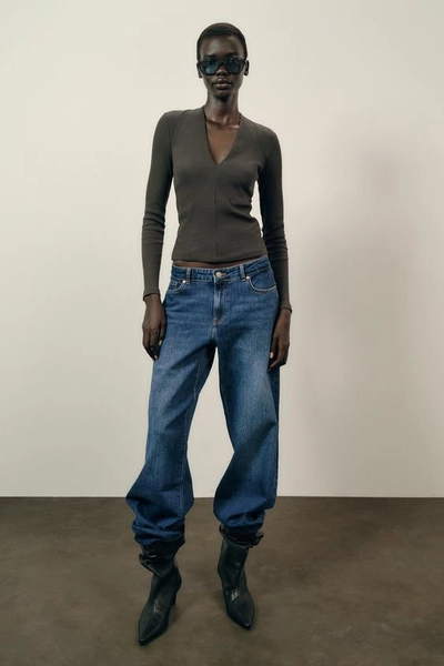 RIB V-NECK TOP - Dark khaki | ZARA United States