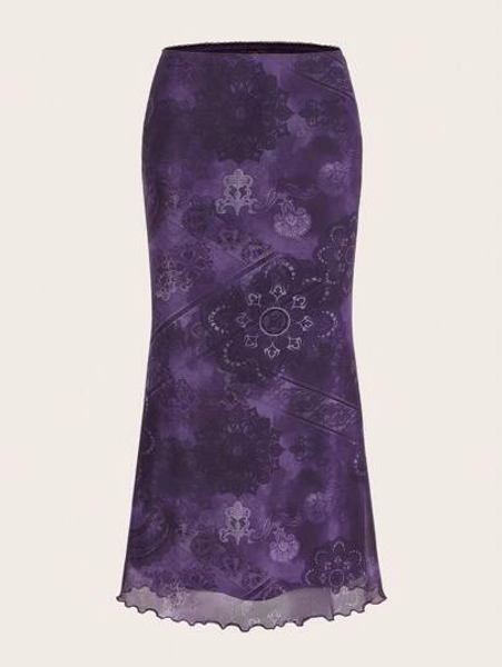 ROMWE PUNK Floral Print Lettuce Trim Mesh Skirt