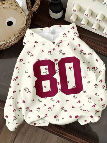 Retro College Style Number 80 Cream White Tween Girl Casual Loose Fit Crew Neck Comfortable Long Sleeve Sweatshirt, Suitable For Autumn/Winter, Outdoor Picnic, Outings, Street Photography, Home, Campus