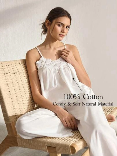 Ocili Leisure Pure Cotton Embroidered Lace Trim Comfortable Camisole & Pants Pajama Set For Women - Size XL